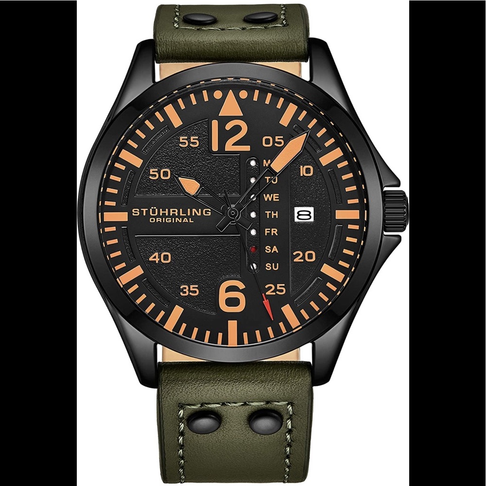 BRAND NEW STYLISH MENS AVIATOR WATCH W/ GREEN LEATHER BAND. NWT - Picture 1 of 7